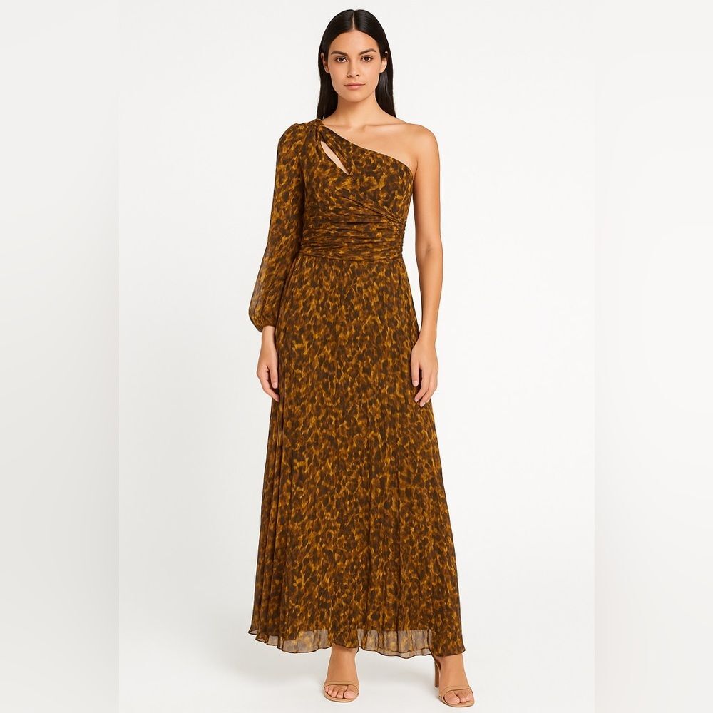 Aiifos Pleated One-Shoulder Brown Tortoise Print Maxi Dress size XS Revolve